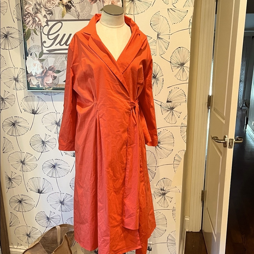 New York & Company Orange Wrap Midi Dress